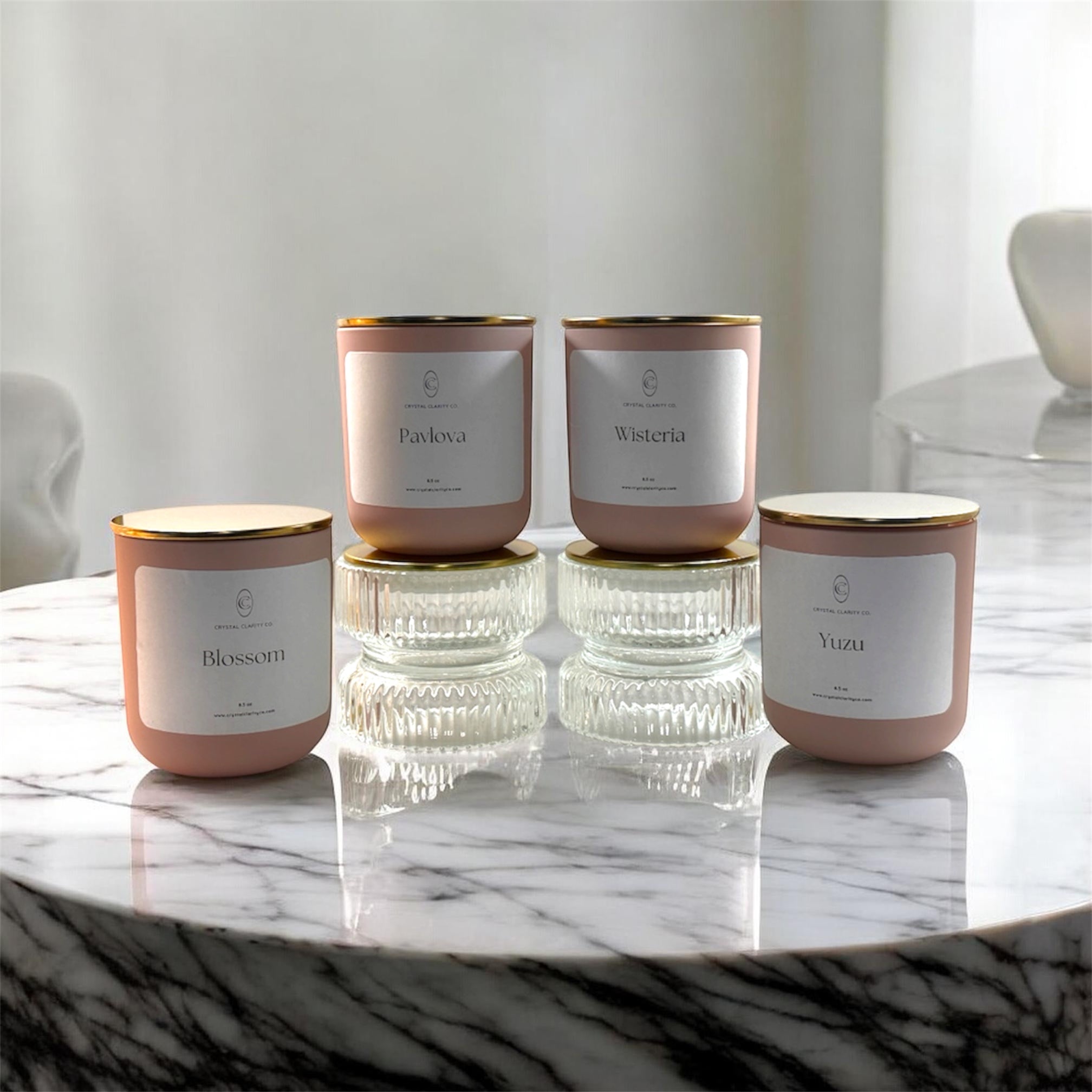Spring Awakening Complete Collection — all four luxury candles with gold lids from Crystal Clarity Co