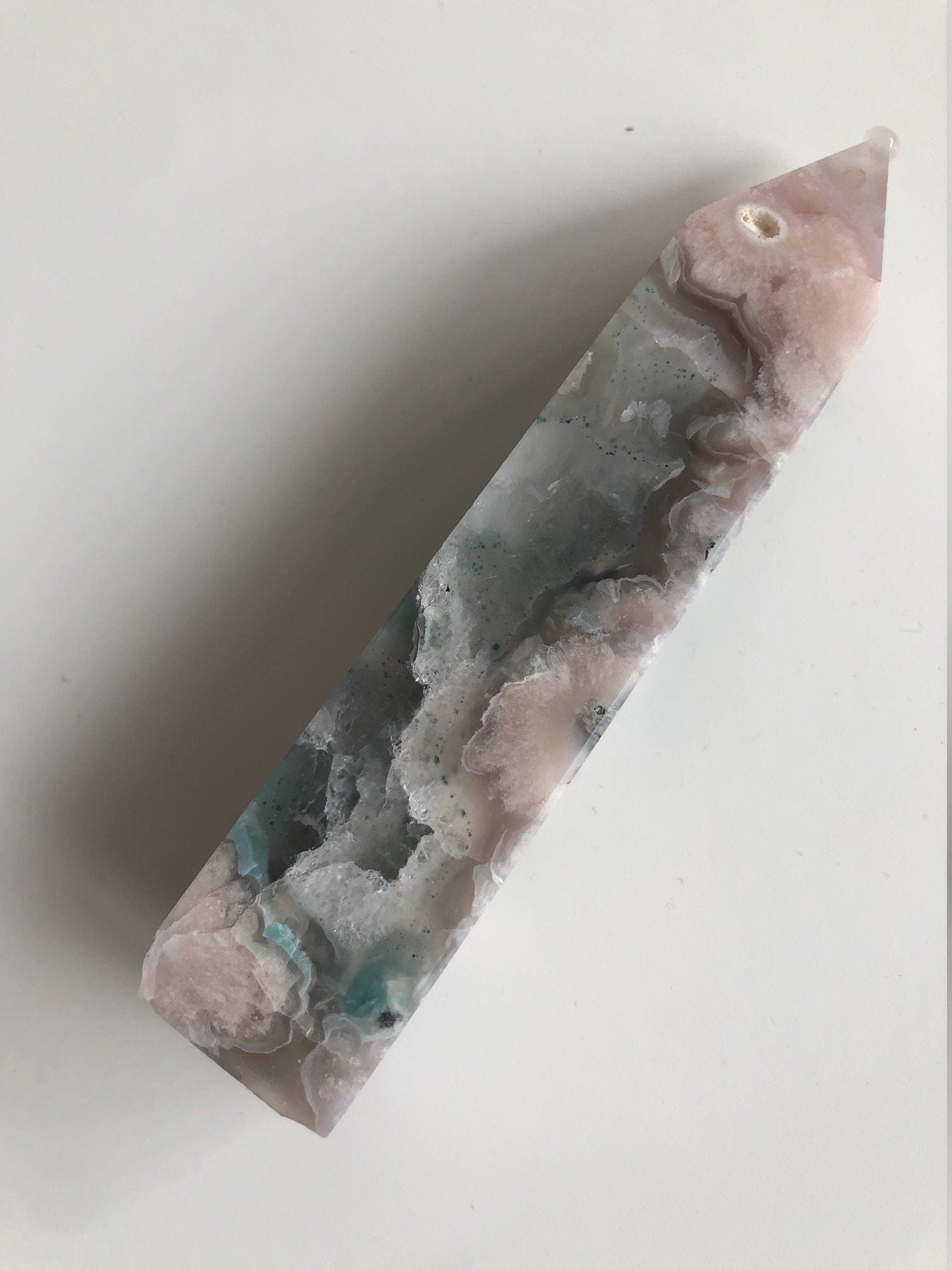 Pink and Green Flower Agate Tower with Pyrite Inclusions.