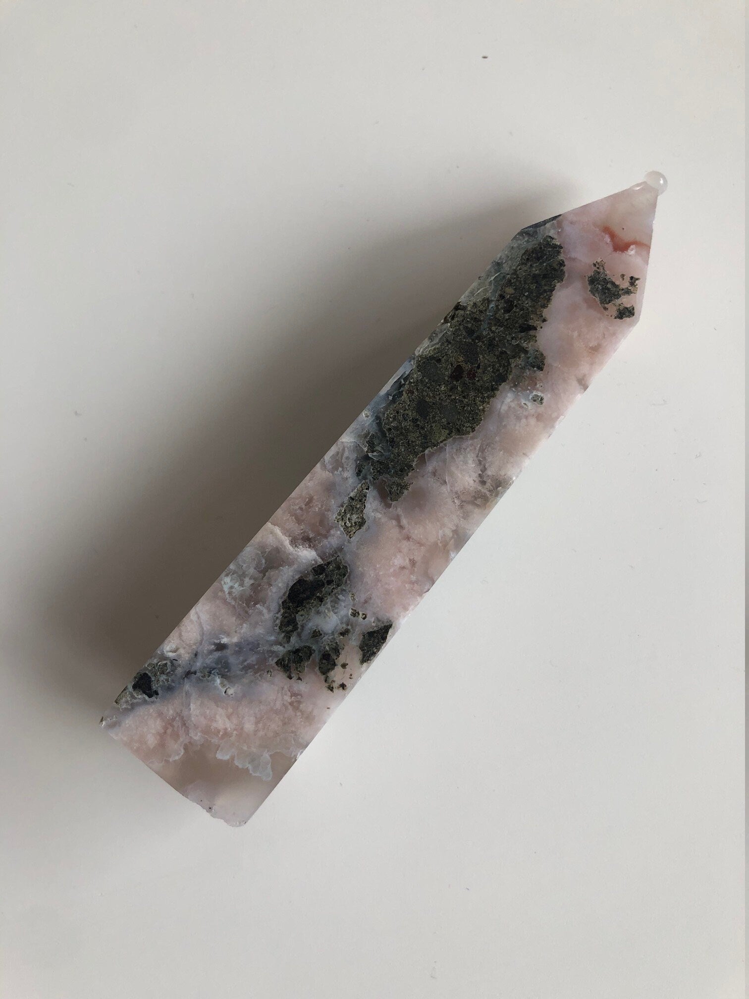 Pink and Green Flower Agate Tower with Pyrite Inclusions.