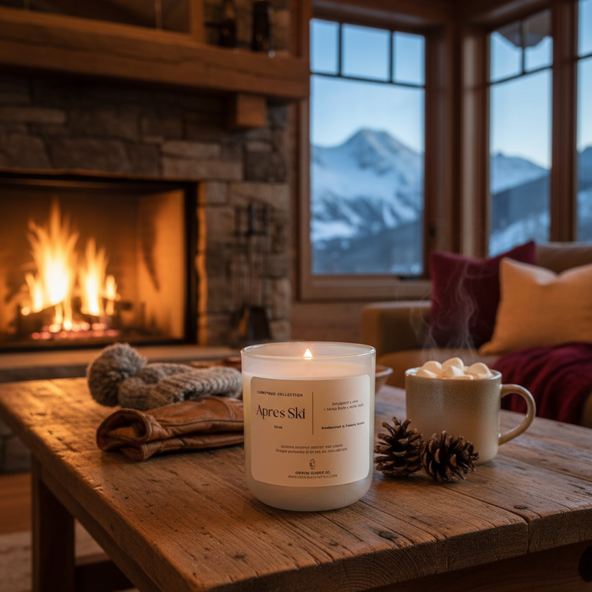 Candle on a wooden table with a fireplace and mountain view in the background