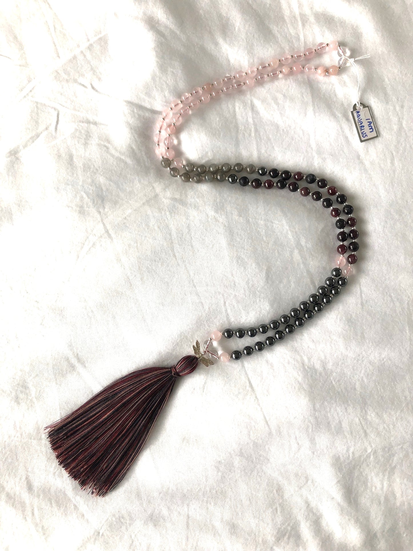 Handcrafted Crystal Meditation Mala Necklace for Aquarius Zodiac Sign