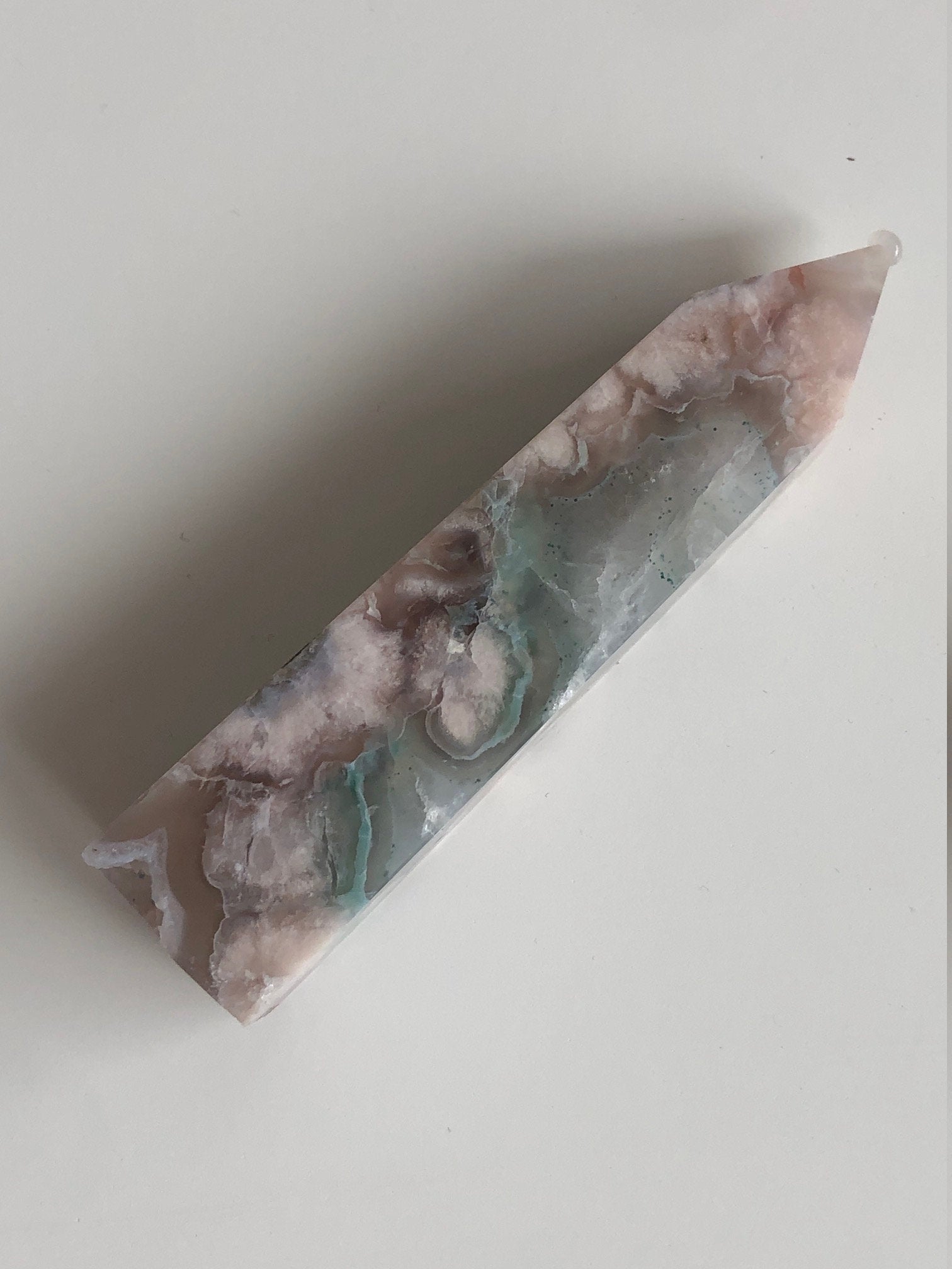 Pink and Green Flower Agate Tower with Pyrite Inclusions.