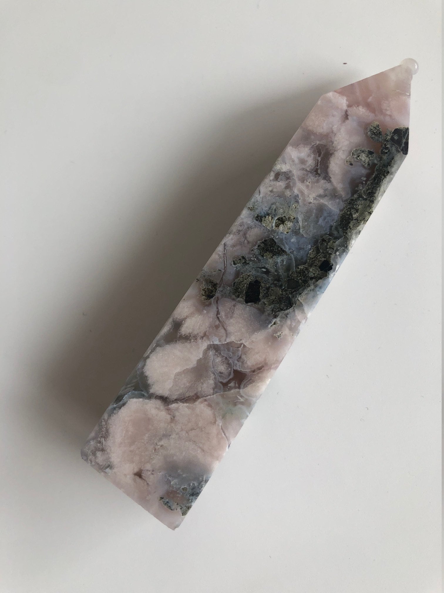 Pink and Green Flower Agate Tower with Pyrite Inclusions.